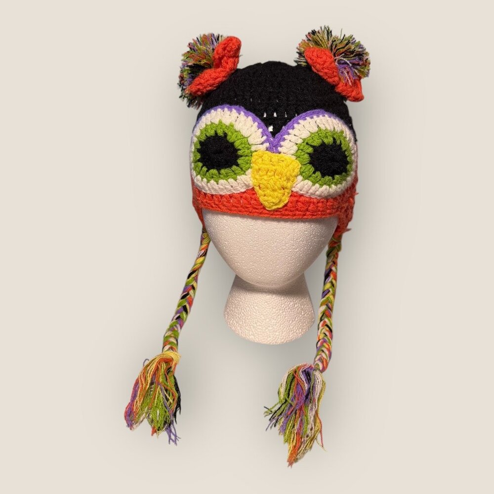 Crochet Owl Beanie Hat For Kids With Colorful Pom Poms & Braided Tassels